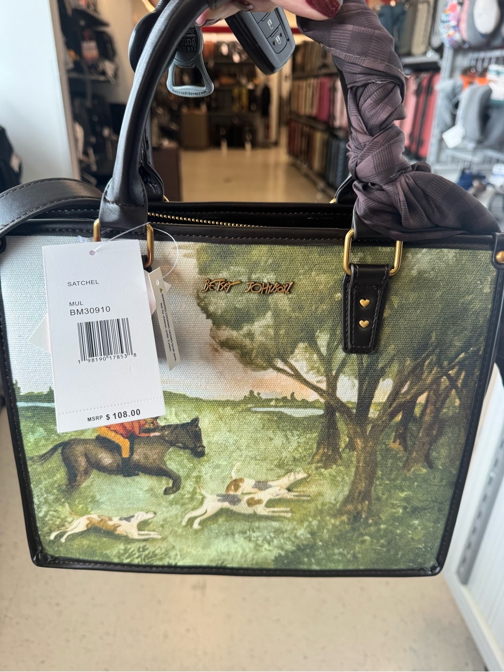 Betsey Johnson Green equestrian and dogs Scene Satchel Bag